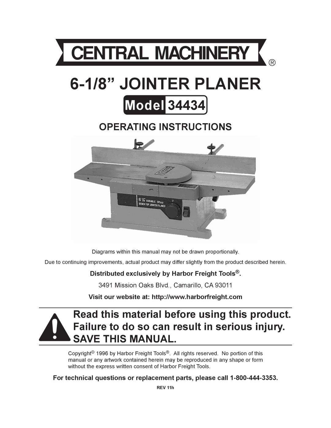 Harbor Freight Tools 34434 operating instructions Jointer Planer 