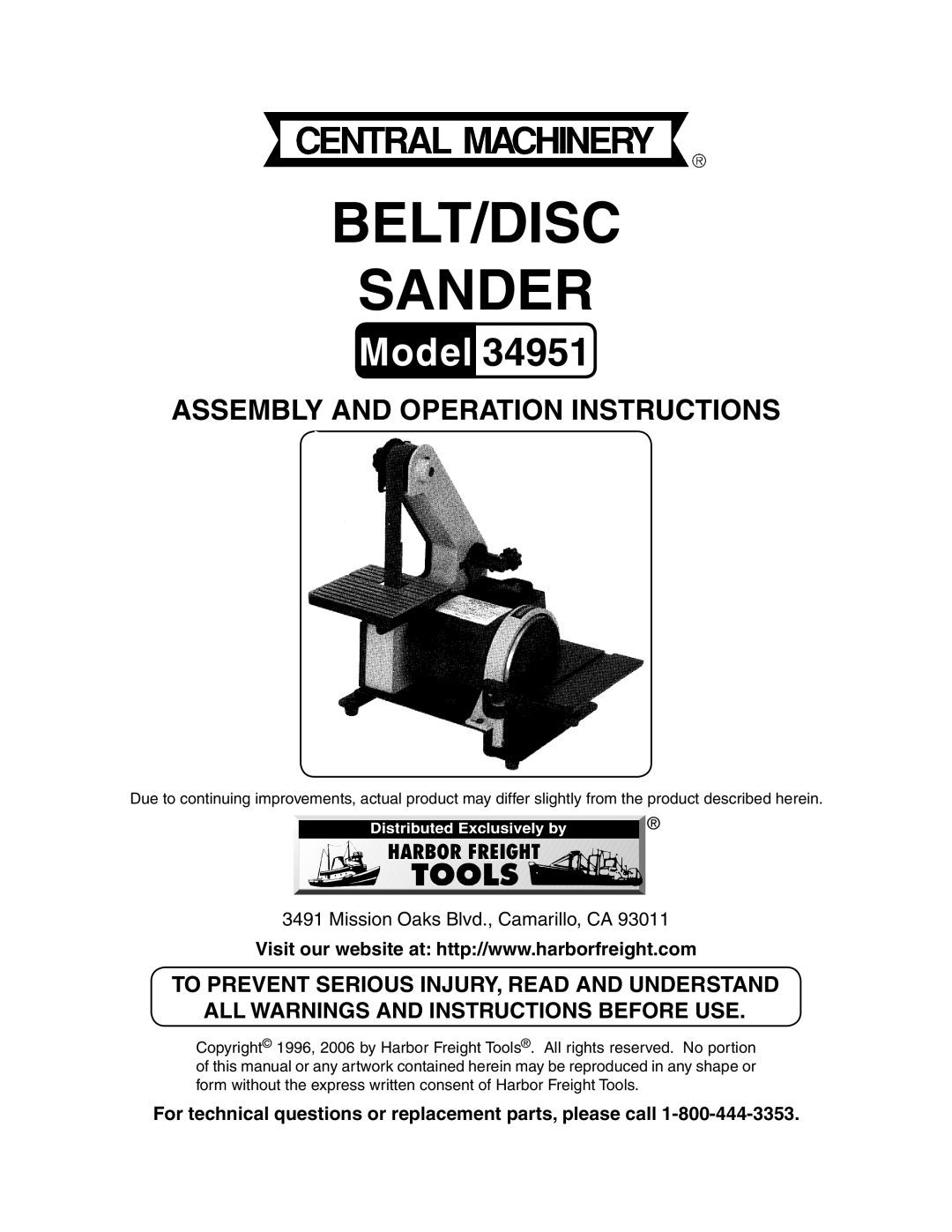 Harbor Freight Tools 34951 manual Belt/Disc Sander, For technical questions or replacement parts, please call 