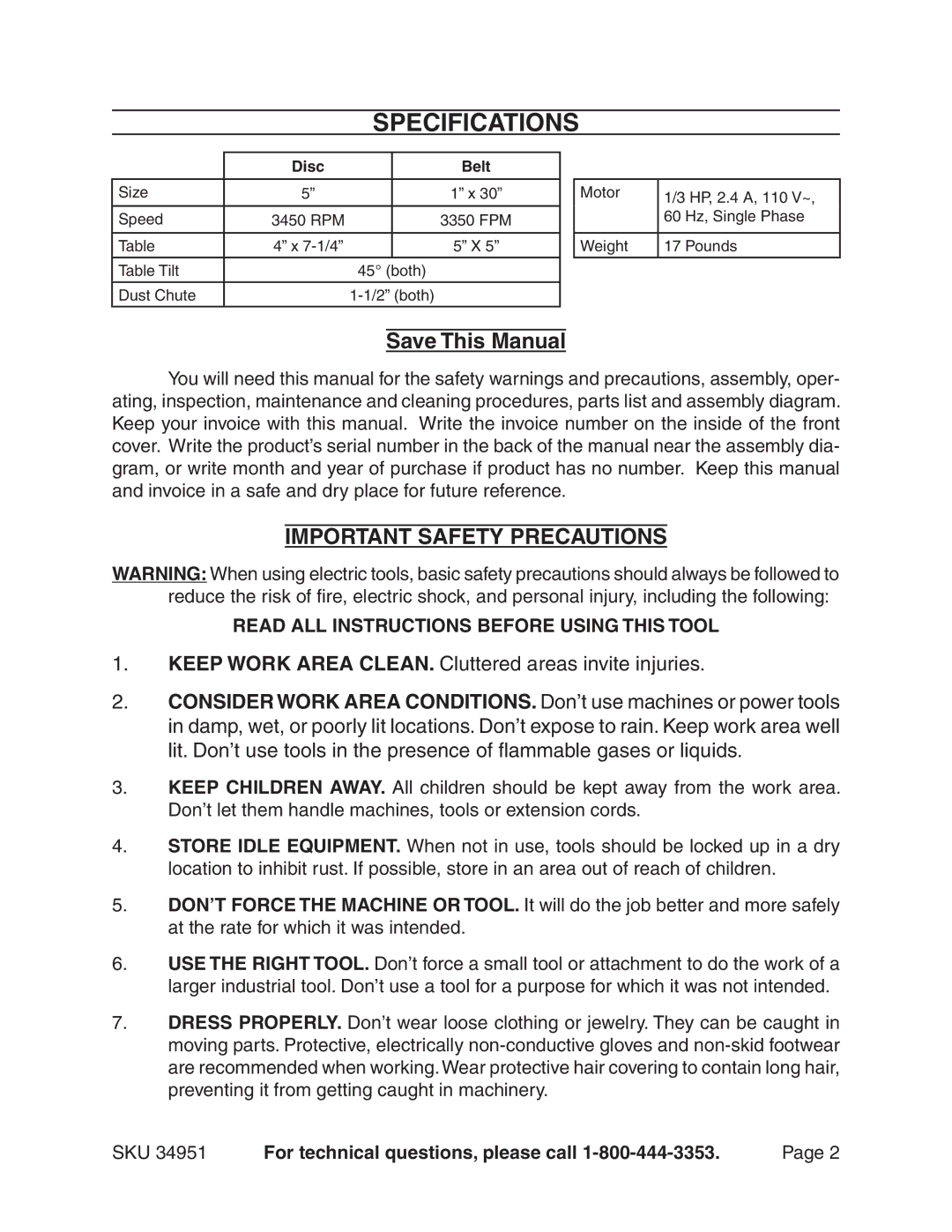 Harbor Freight Tools 34951 manual Save This Manual, Important Safety Precautions, SKU For technical questions, please call 