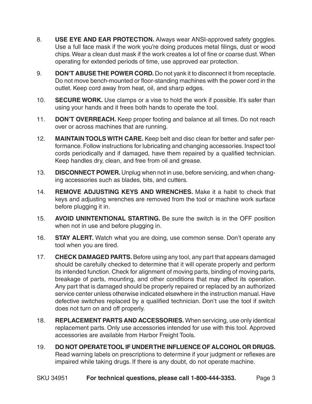 Harbor Freight Tools 34951 manual SKU For technical questions, please call 