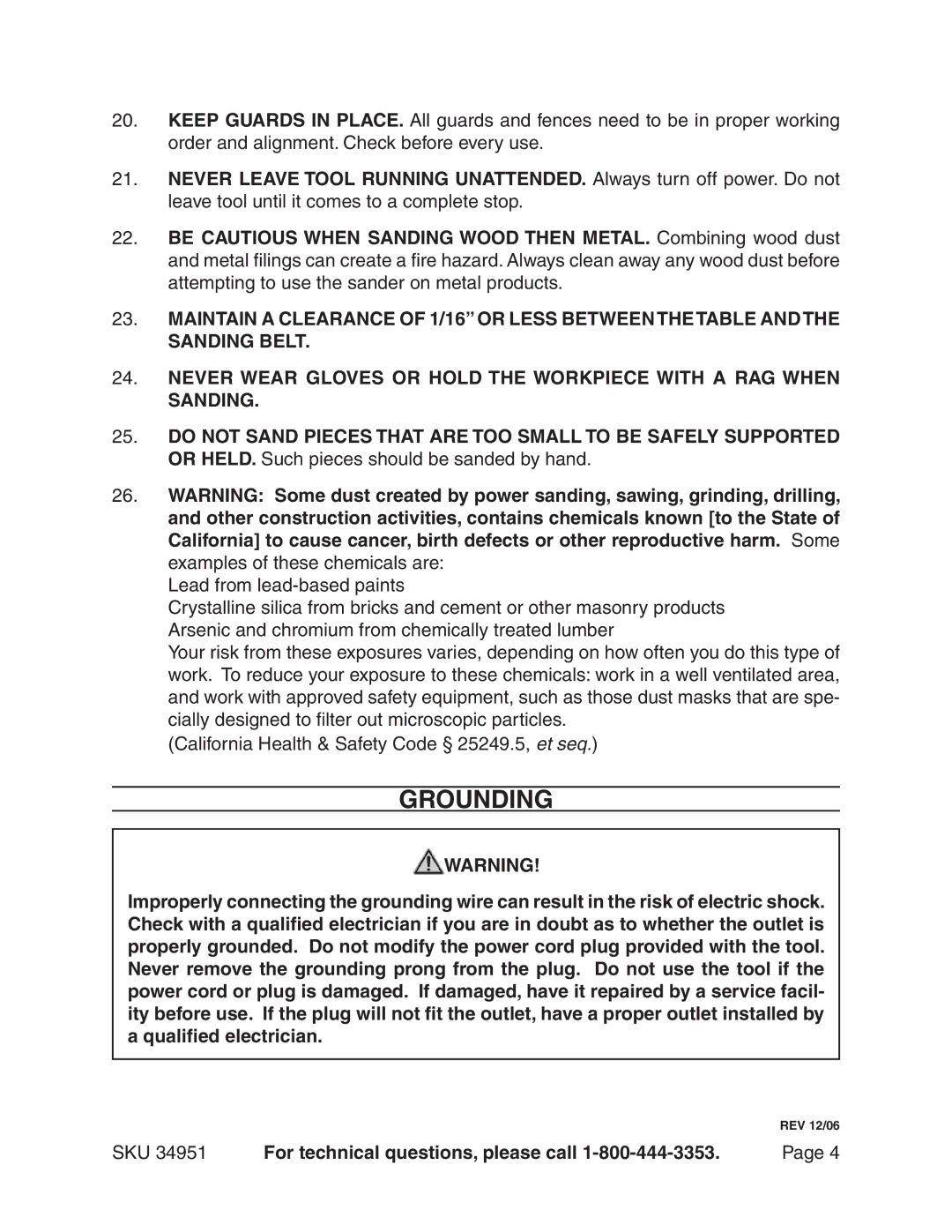 Harbor Freight Tools 34951 manual Grounding 