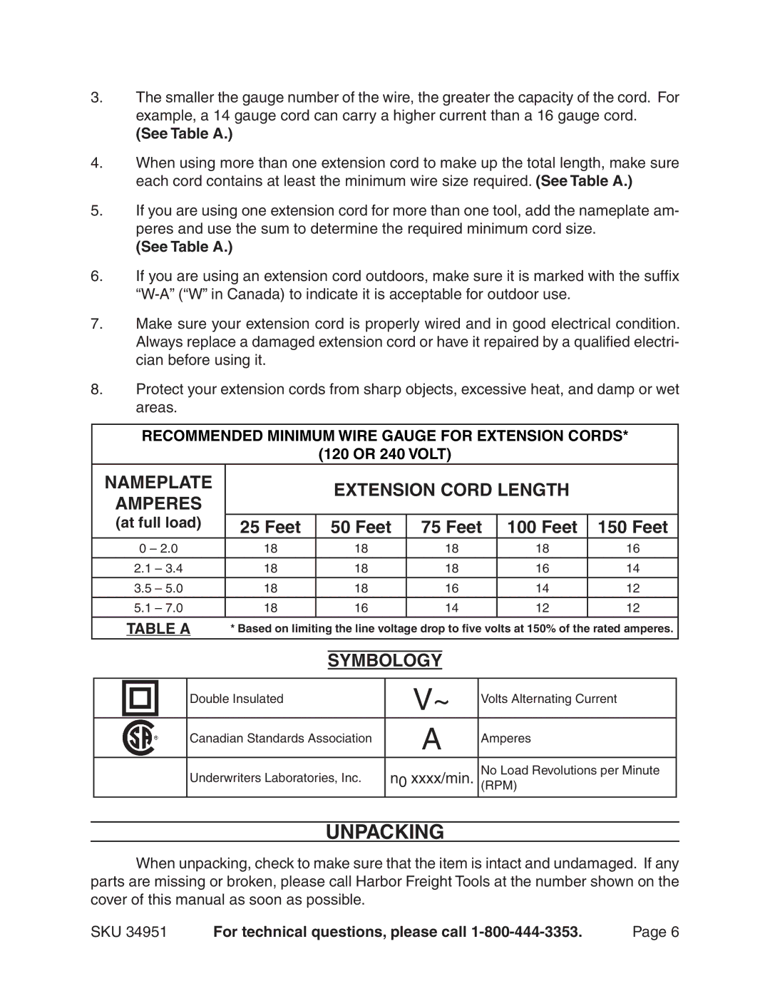 Harbor Freight Tools 34951 manual Nameplate Extension Cord Length, Symbology, See Table a, 120 or 240 Volt, At full load 