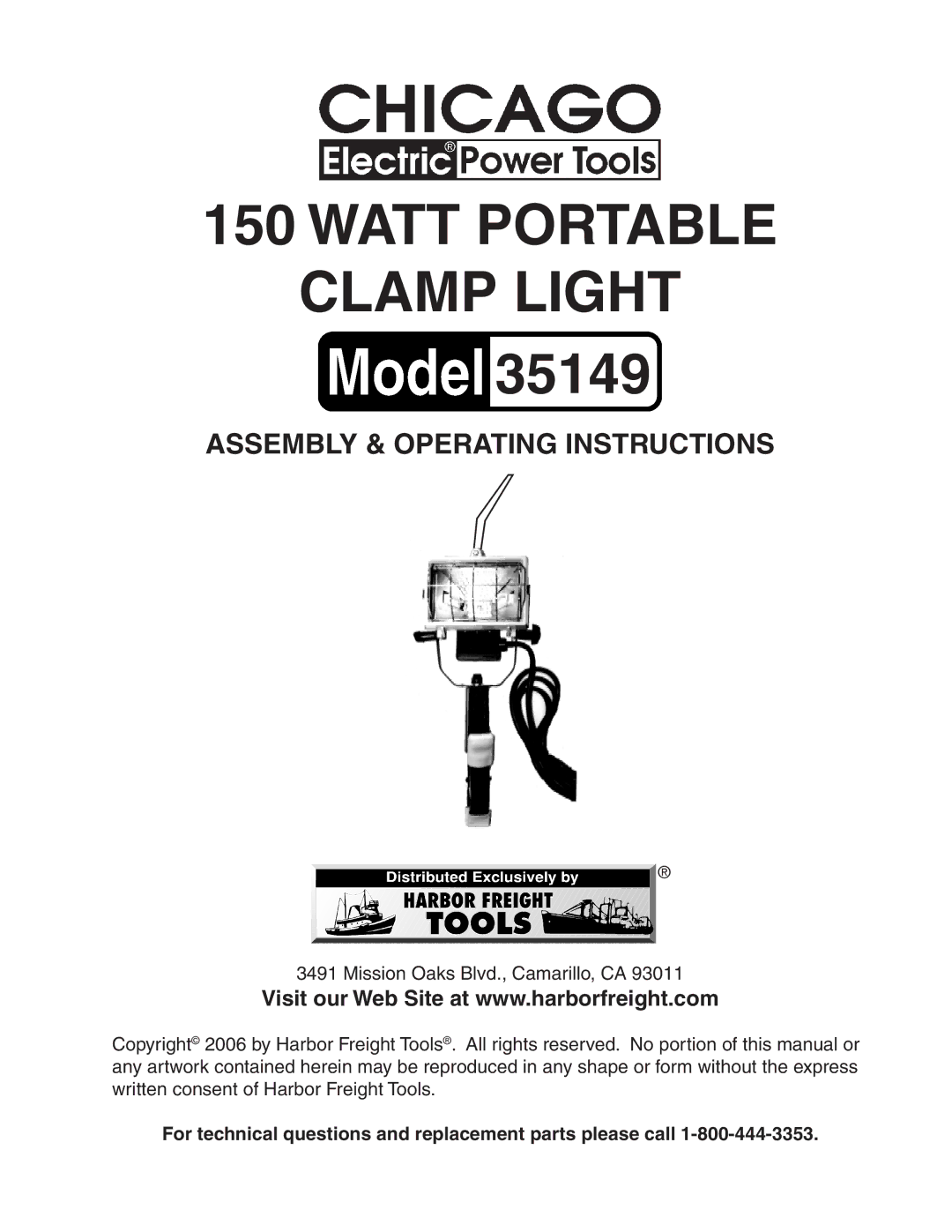 Harbor Freight Tools 35149 operating instructions Watt Portable Clamp Light 