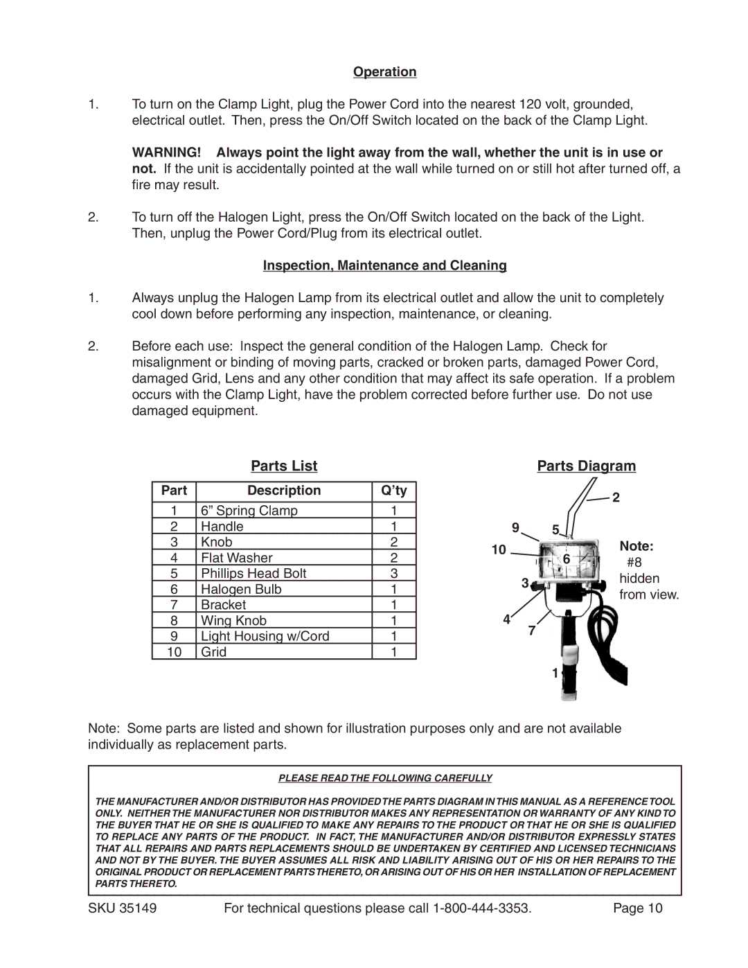 Harbor Freight Tools 35149 operating instructions Operation, Inspection, Maintenance and Cleaning, Part Description ’ty 