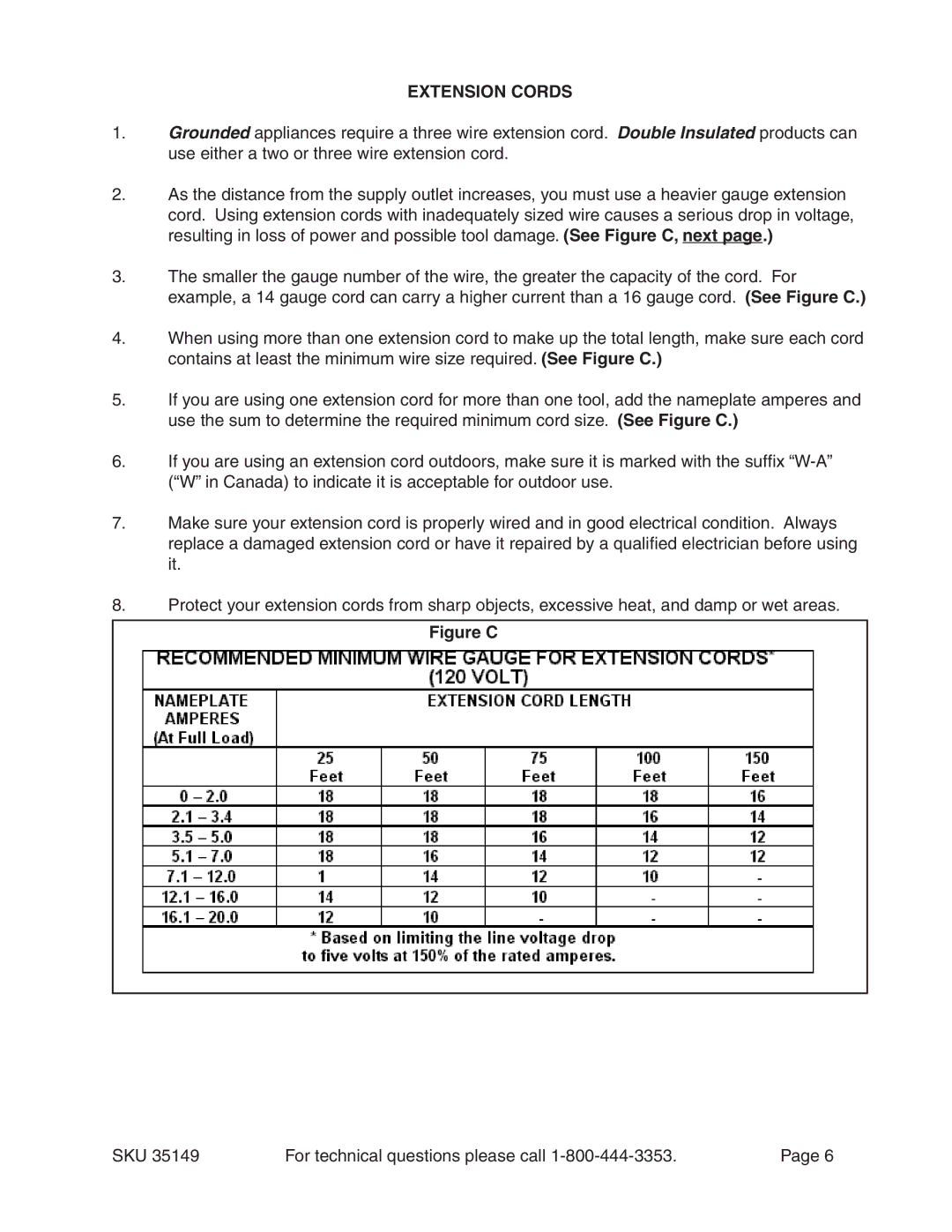 Harbor Freight Tools 35149 operating instructions Extension Cords, Figure C 