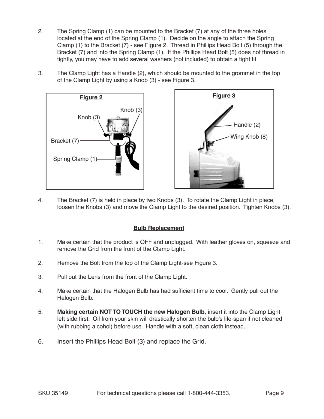 Harbor Freight Tools 35149 operating instructions Insert the Phillips Head Bolt 3 and replace the Grid, Bulb Replacement 