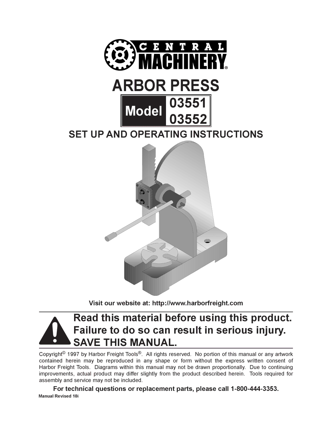 Harbor Freight Tools 3551 operating instructions Arbor press, For technical questions or replacement parts, please call 