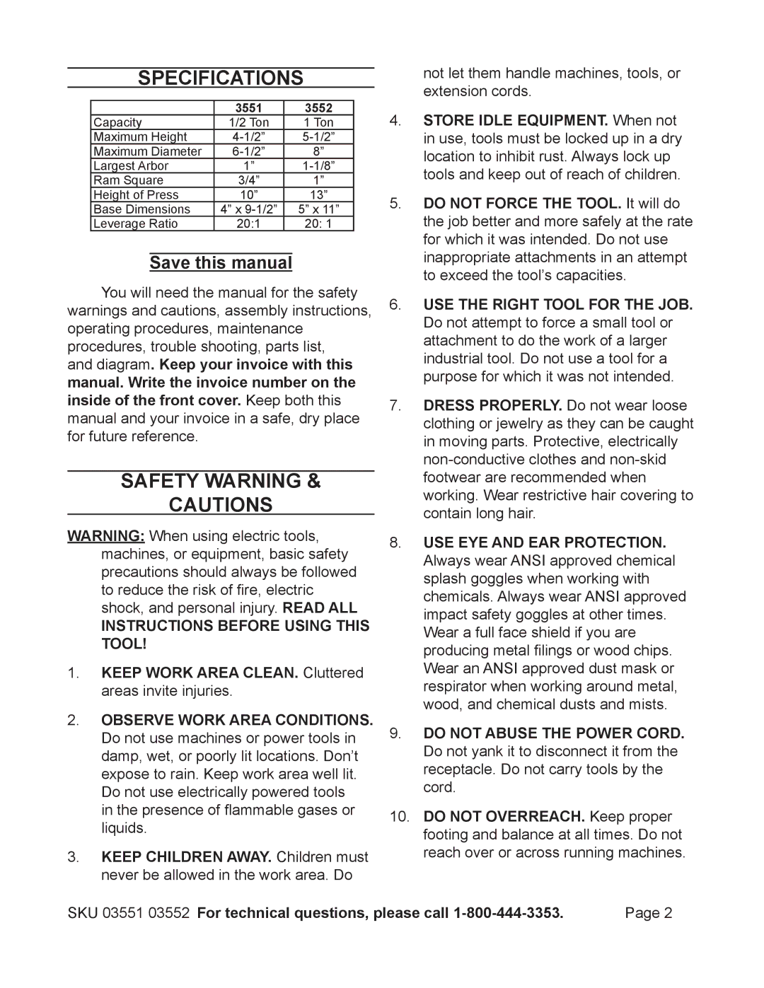 Harbor Freight Tools 3552, 3551 operating instructions Specifications, Safety warning, Save this manual 