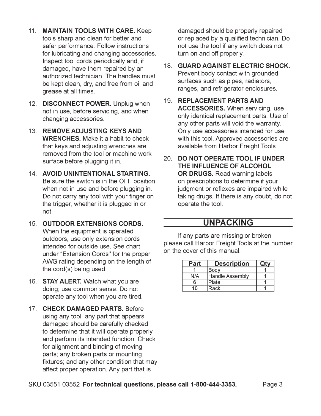 Harbor Freight Tools 3551, 3552 operating instructions Unpacking, Part Description Qty 