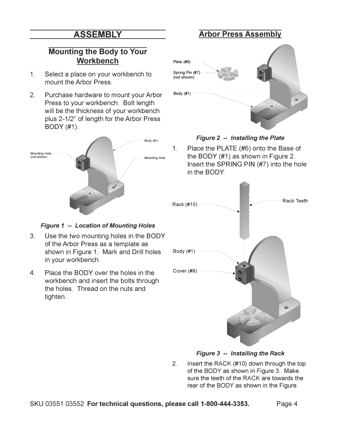 Harbor Freight Tools 3552, 3551 operating instructions Mounting the Body to Your Workbench, Arbor Press Assembly 