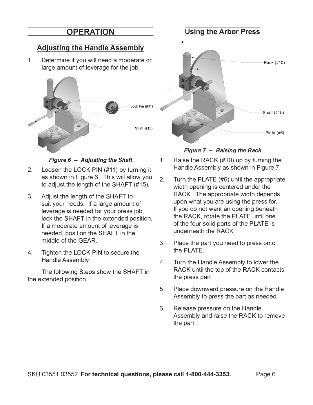 Harbor Freight Tools 3552, 3551 operating instructions Operation, Adjusting the Handle Assembly, Using the Arbor Press 