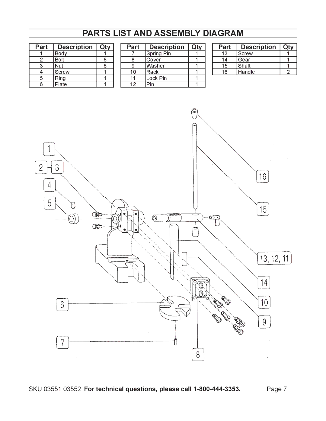 Harbor Freight Tools 3551, 3552 operating instructions Parts list and Assembly diagram, Part Description Qty 