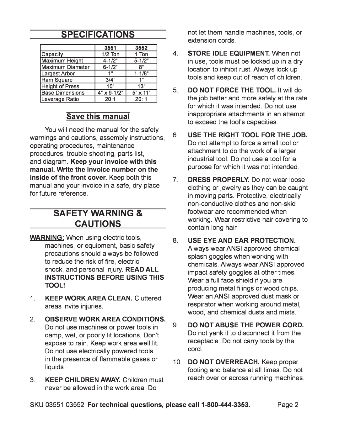 Harbor Freight Tools 3552, 3551 operating instructions Specifications, Safety warning cautions, Save this manual 