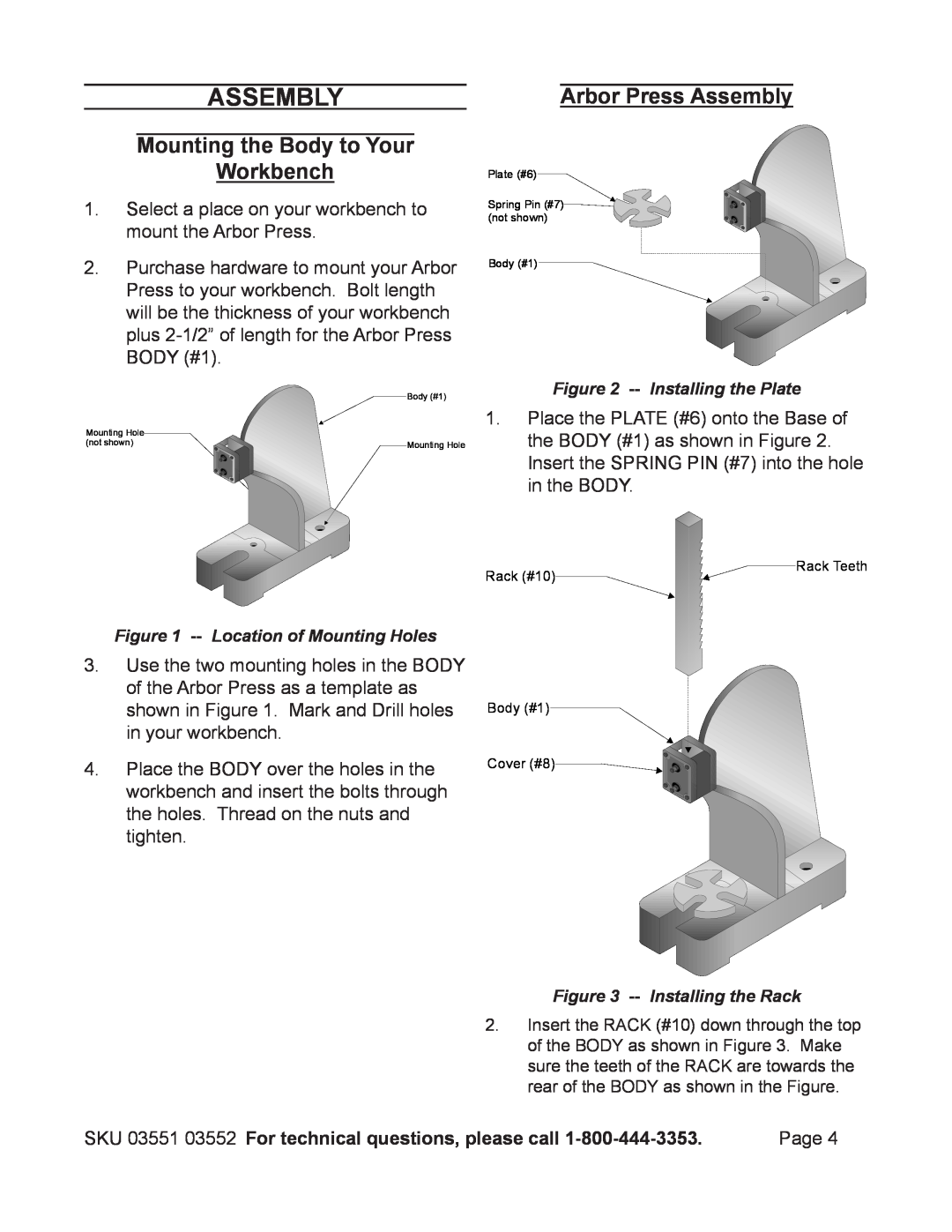 Harbor Freight Tools 3552, 3551 operating instructions Mounting the Body to Your Workbench, Arbor Press Assembly 