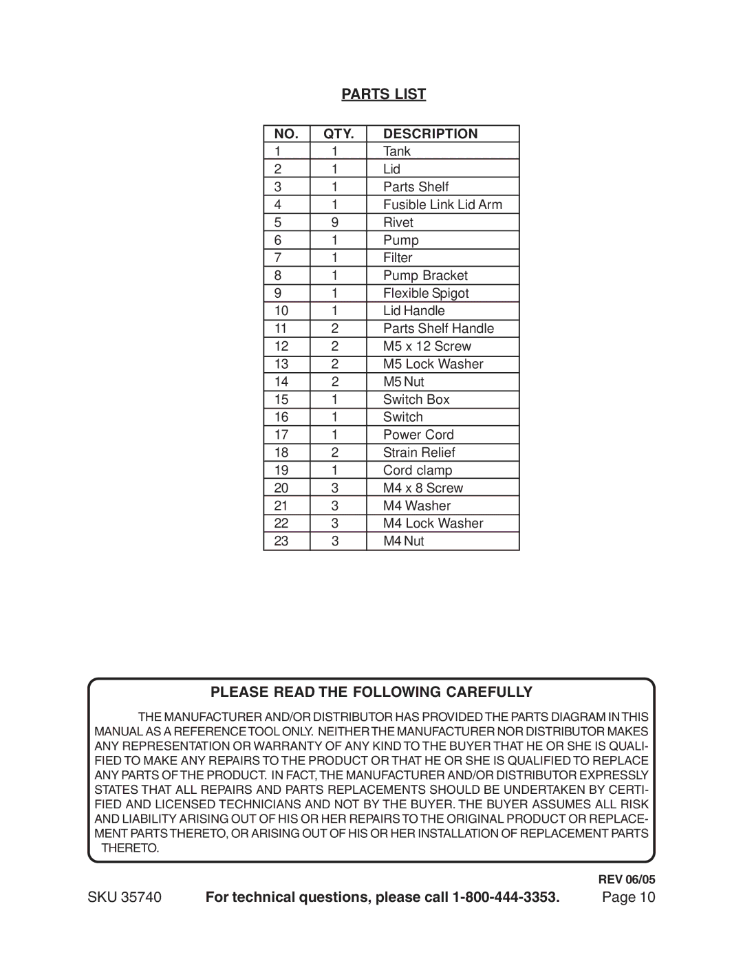 Harbor Freight Tools 35740 operating instructions Parts List, Please Read the Following Carefully 