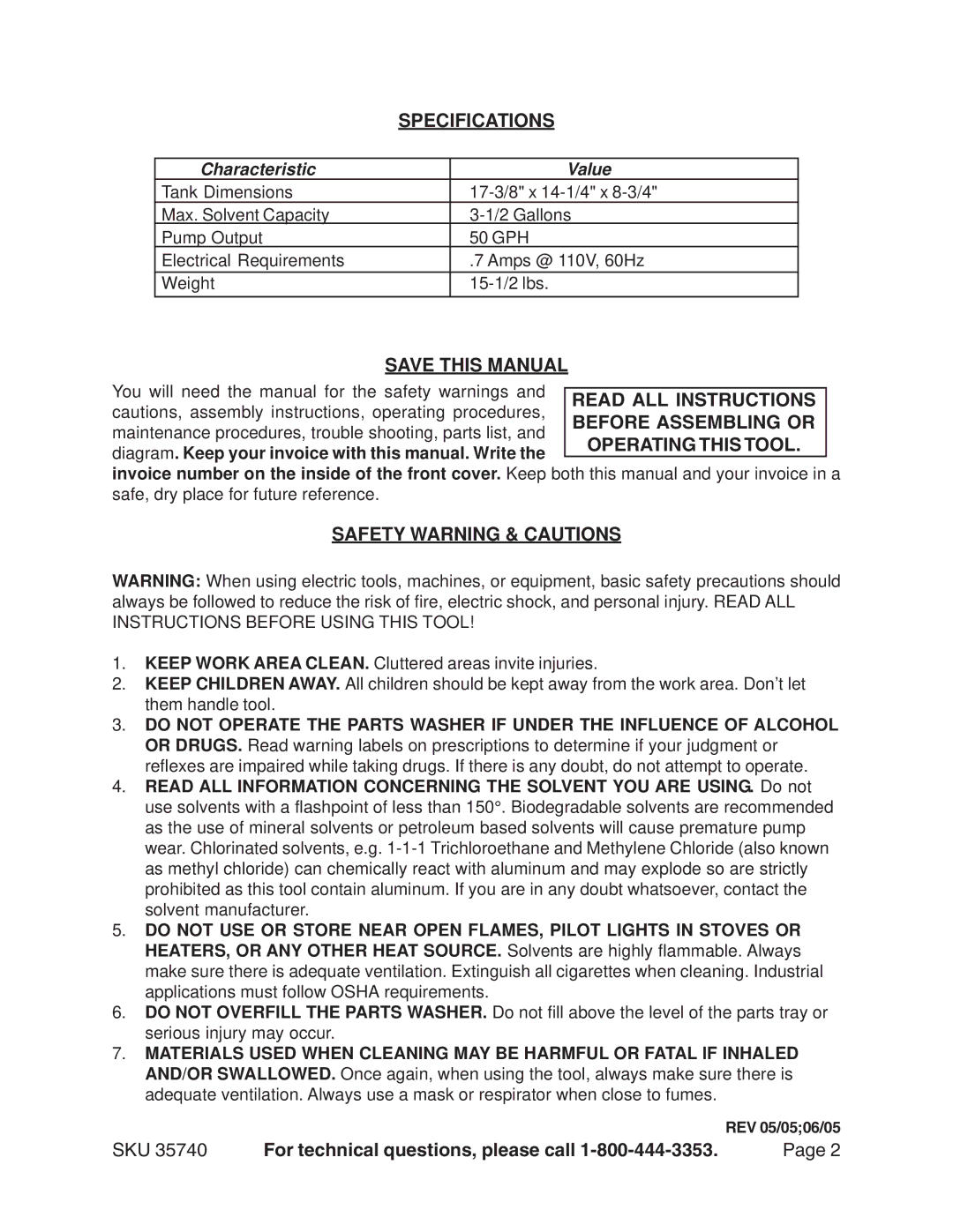 Harbor Freight Tools 35740 operating instructions Specifications, Save this Manual, Safety Warning & Cautions 