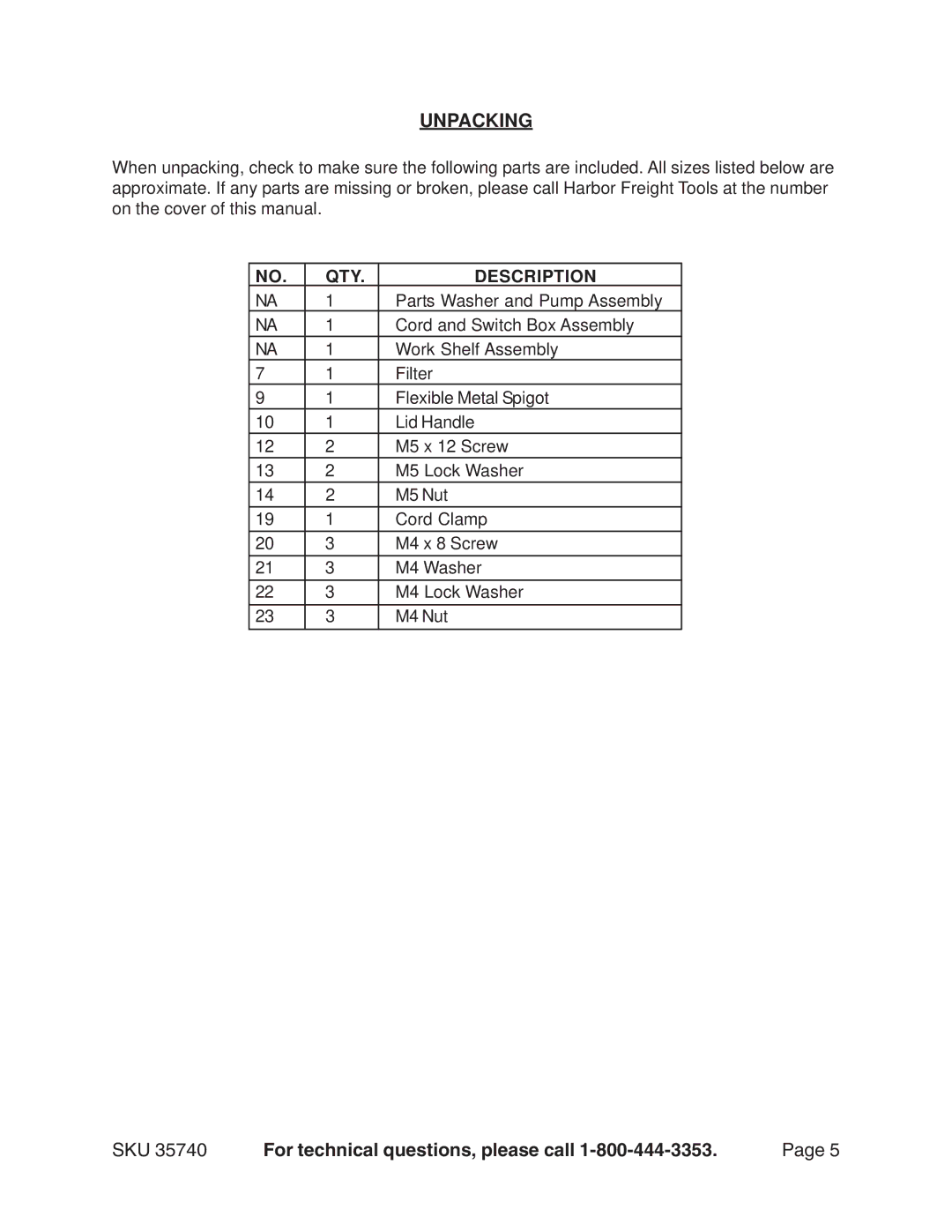 Harbor Freight Tools 35740 operating instructions Unpacking, QTY Description 