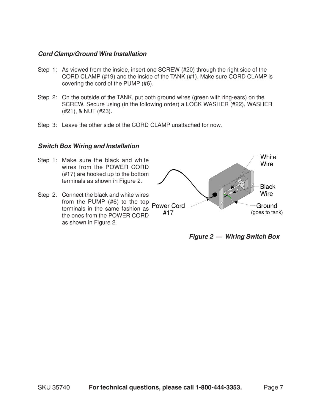 Harbor Freight Tools 35740 operating instructions Cord Clamp/Ground Wire Installation, Switch Box Wiring and Installation 