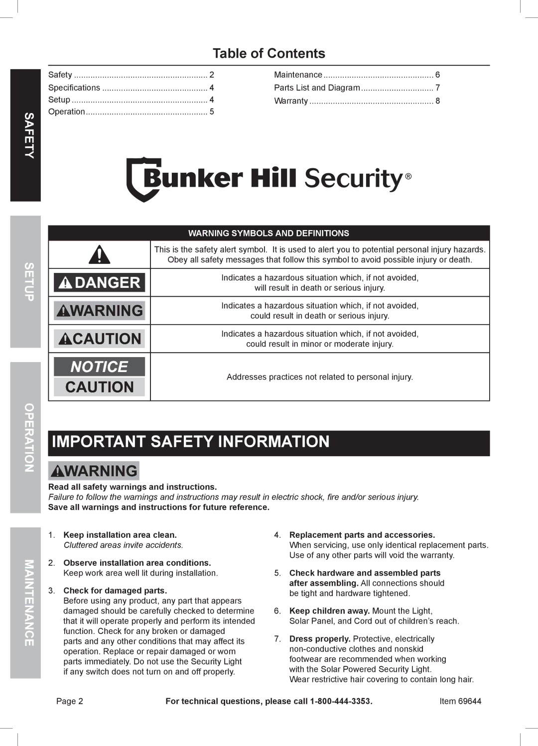 Harbor Freight Tools 36 owner manual Important Safety Information, Table of Contents 