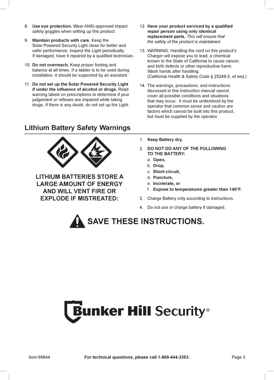 Harbor Freight Tools 36 Lithium Battery Safety Warnings, Setup Operation Maintenance, Maintain products with care. Keep 