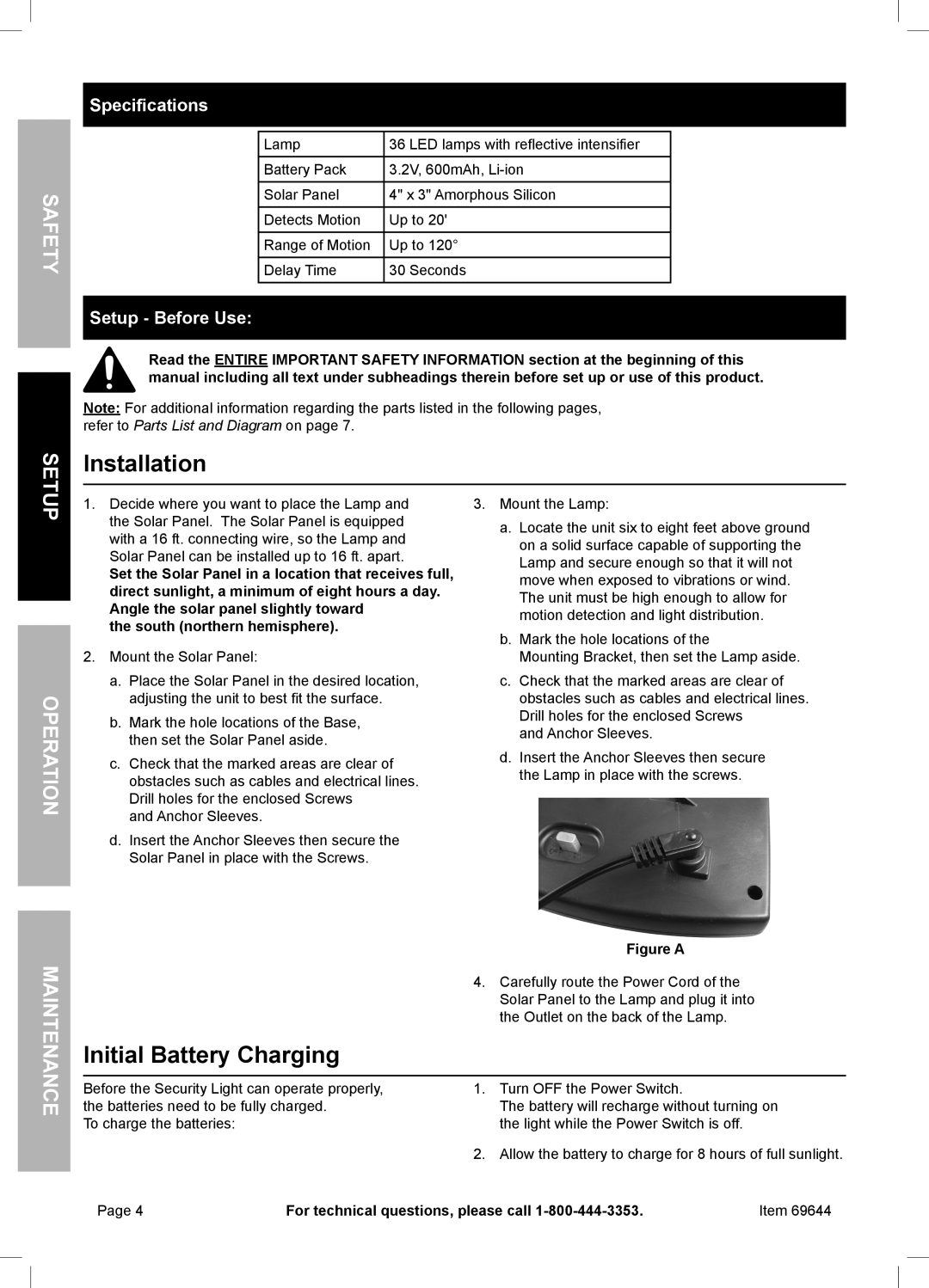 Harbor Freight Tools 36 owner manual Installation, Initial Battery Charging, Fet Sa, Specifications, Setup Before Use 