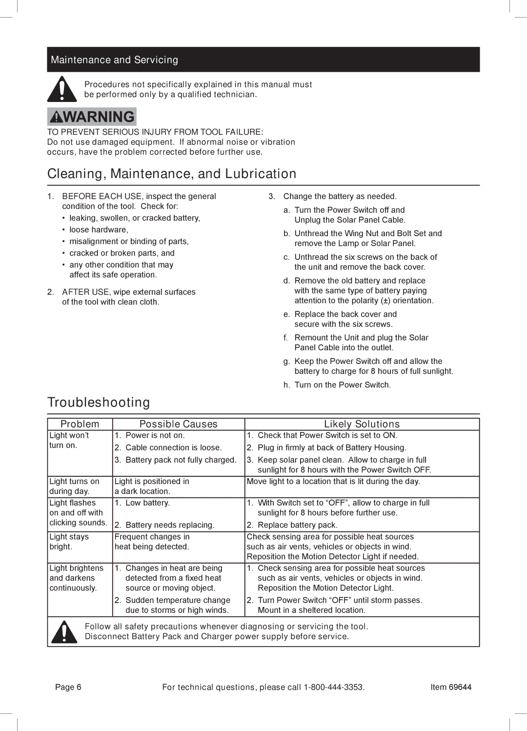 Harbor Freight Tools 36 owner manual Cleaning, Maintenance, and Lubrication, Troubleshooting, Setup No rati, Ope Maintenan 