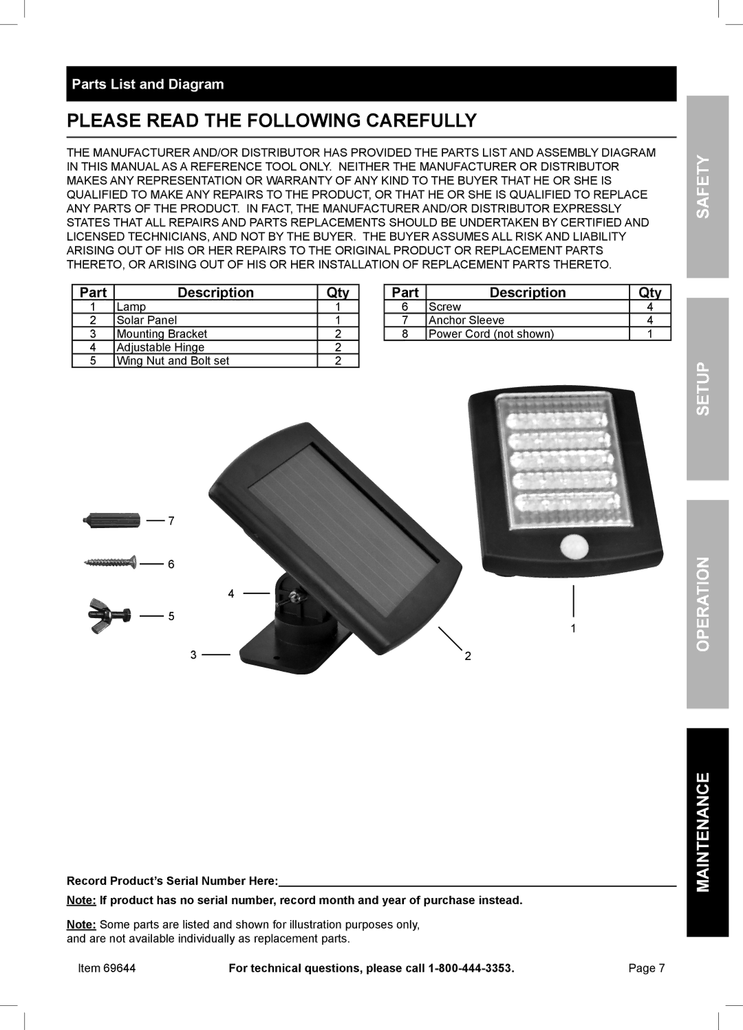 Harbor Freight Tools 36 owner manual Setup Operation, Parts List and Diagram 