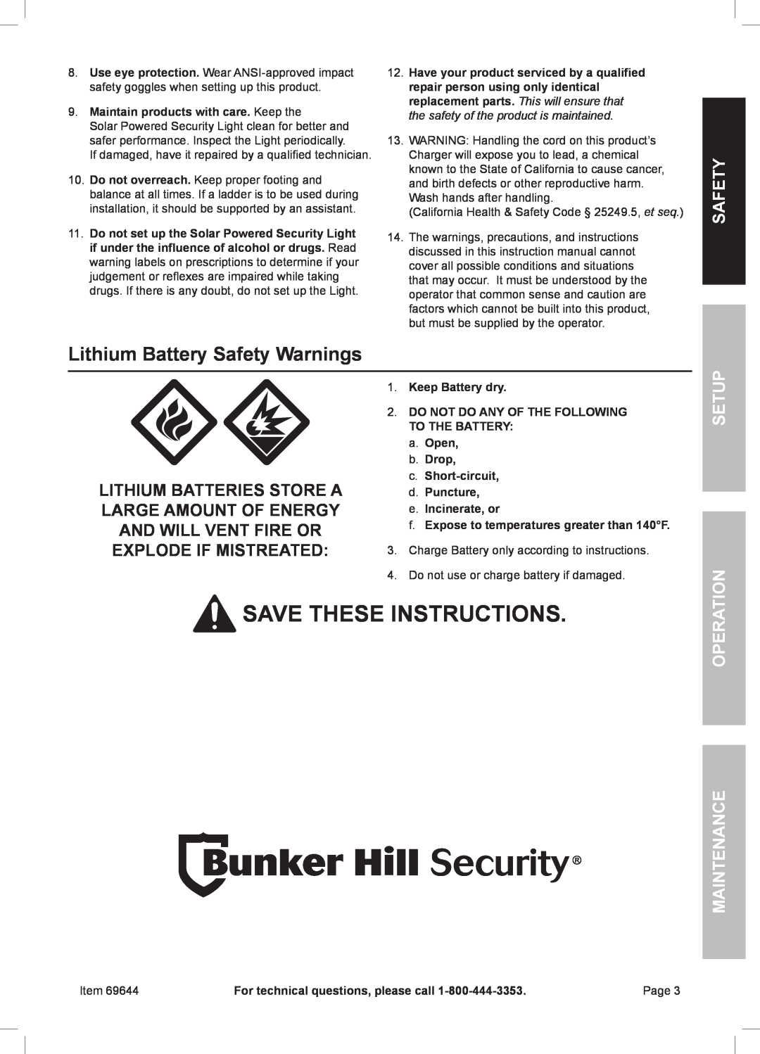 Harbor Freight Tools 36 owner manual Lithium Battery Safety Warnings, Setup, Operation Maintenance, Save these instructions 