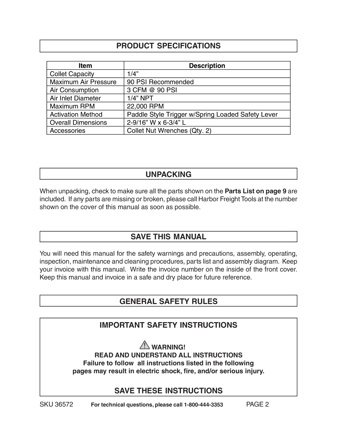 Harbor Freight Tools 36572 Product Specifications, Unpacking, Save this Manual, Read and Understand ALL Instructions 