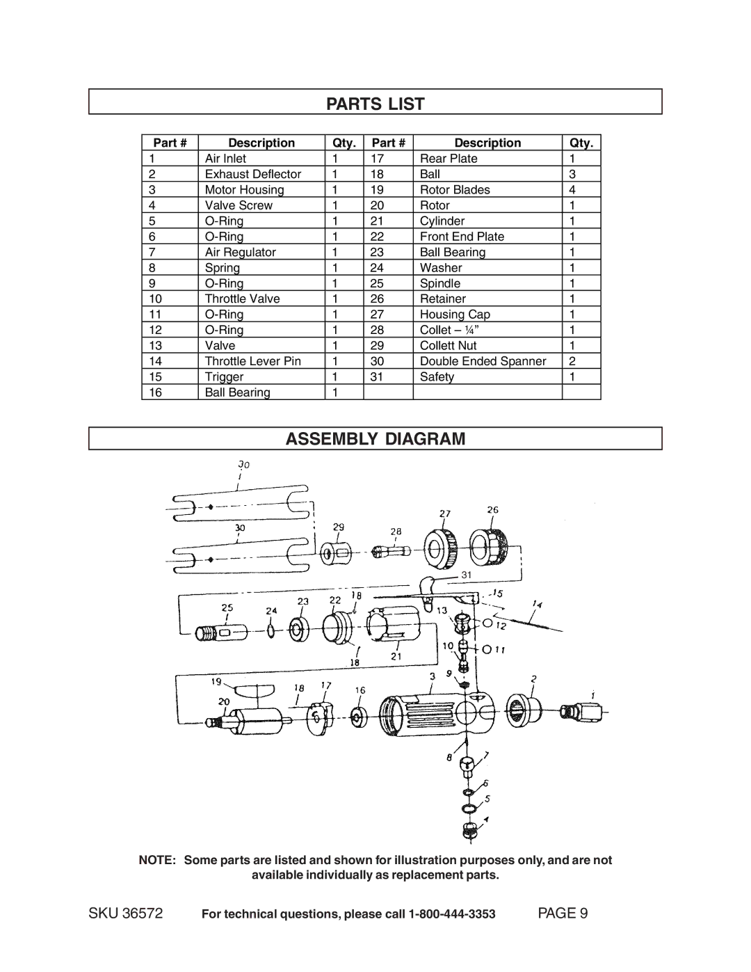 Harbor Freight Tools 36572 operating instructions Parts List, Assembly Diagram 