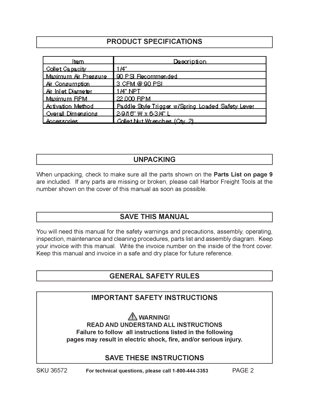 Harbor Freight Tools 36572 Product Specifications Unpacking, Save this Manual, Read and Understand ALL Instructions 