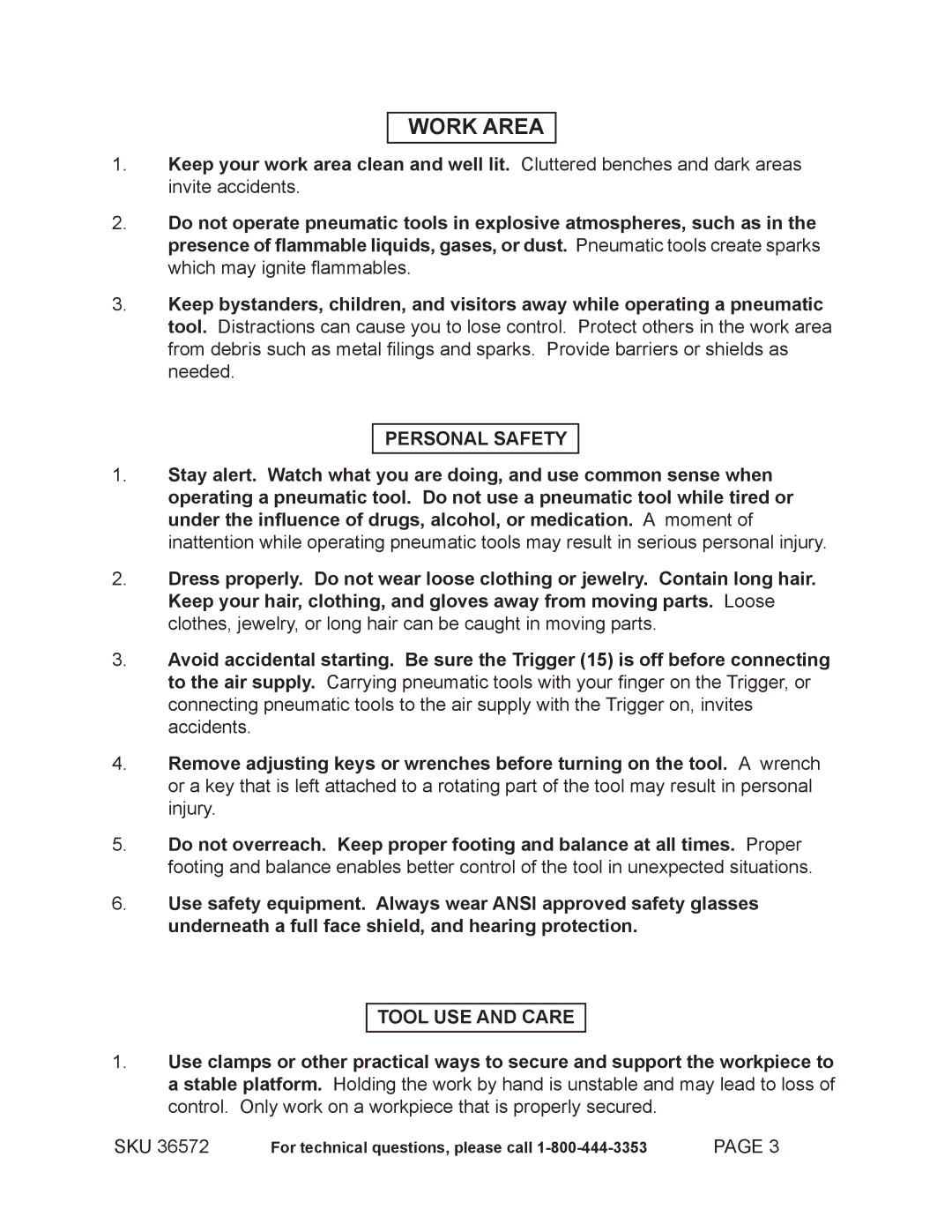 Harbor Freight Tools 36572 operating instructions Work Area, Personal Safety, Tool USE and Care 