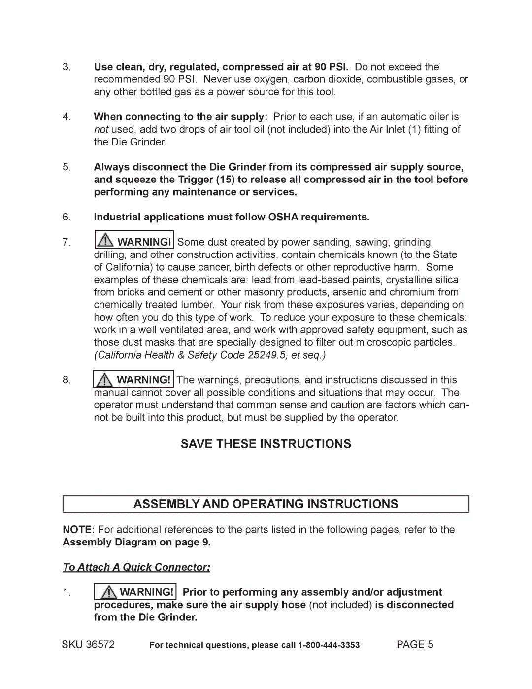 Harbor Freight Tools 36572 operating instructions Assembly and Operating Instructions, To Attach a Quick Connector 