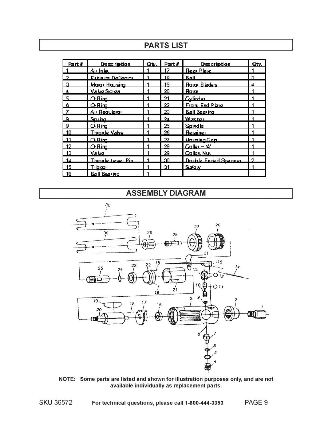 Harbor Freight Tools 36572 operating instructions Parts List Assembly Diagram 