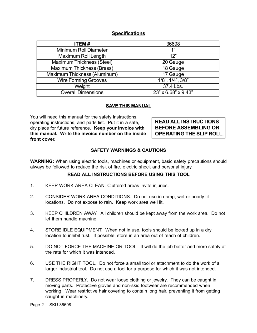 Harbor Freight Tools 36698 operating instructions Item #, Save this Manual 