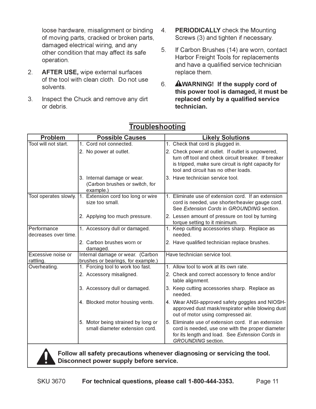 Harbor Freight Tools 3670 operating instructions Troubleshooting, Problem Possible Causes Likely Solutions 