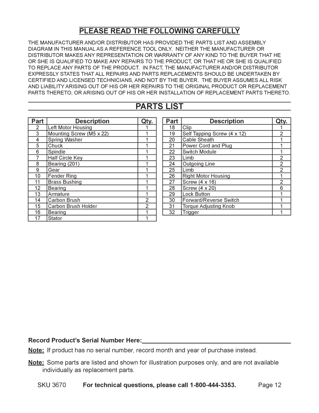 Harbor Freight Tools 3670 operating instructions Parts List, Qty Part Description, Record Product’s Serial Number Here 