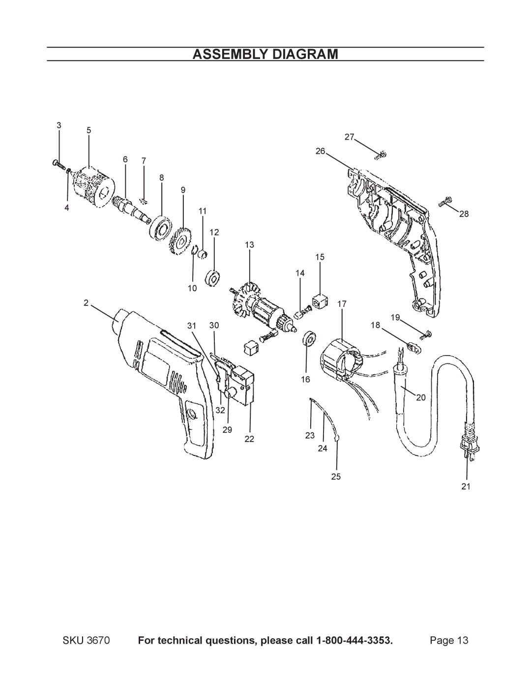 Harbor Freight Tools 3670 operating instructions Assembly Diagram 