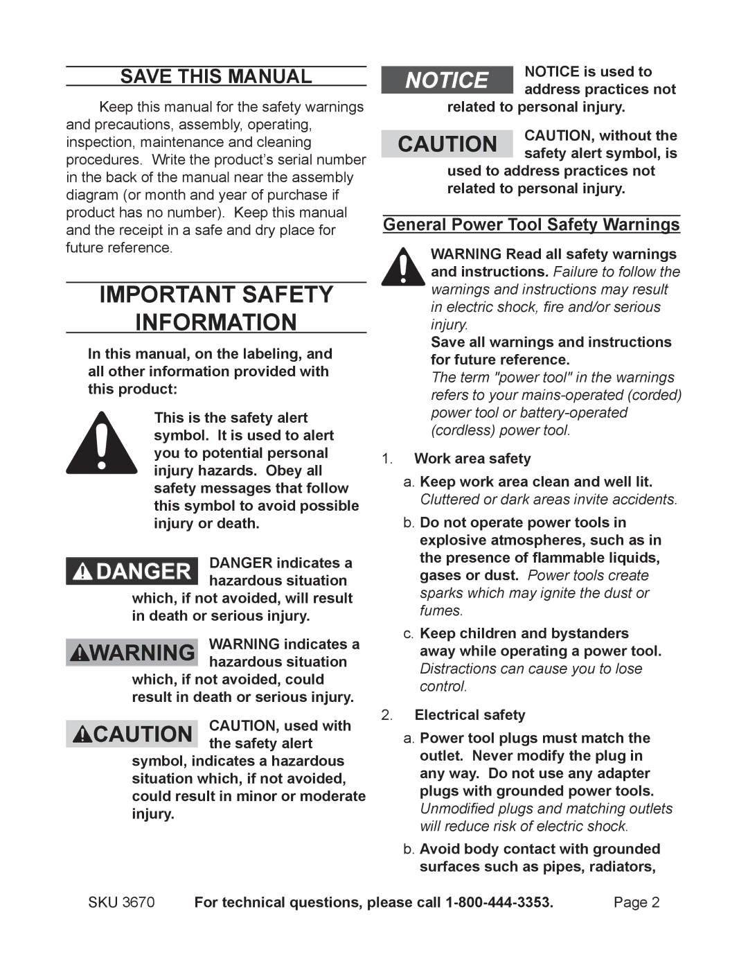 Harbor Freight Tools 3670 Save This Manual, General Power Tool Safety Warnings, For technical questions, please call 