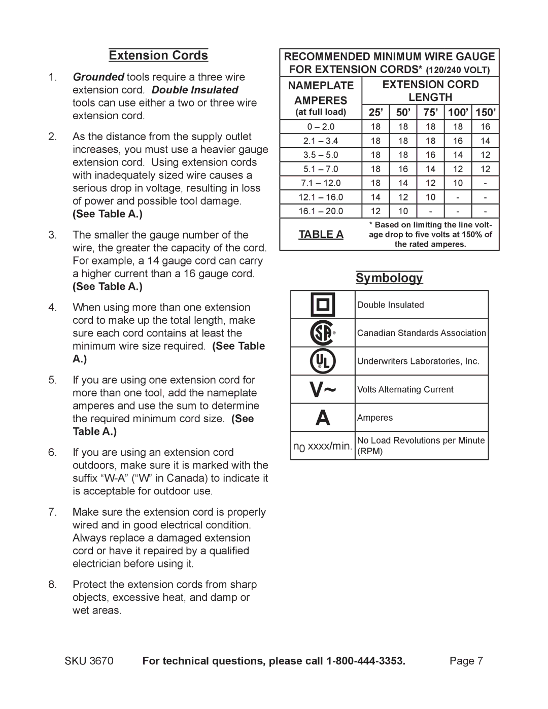 Harbor Freight Tools 3670 operating instructions Extension Cords, See Table a, 25’ 50’ 75’ 100’ 150’ 