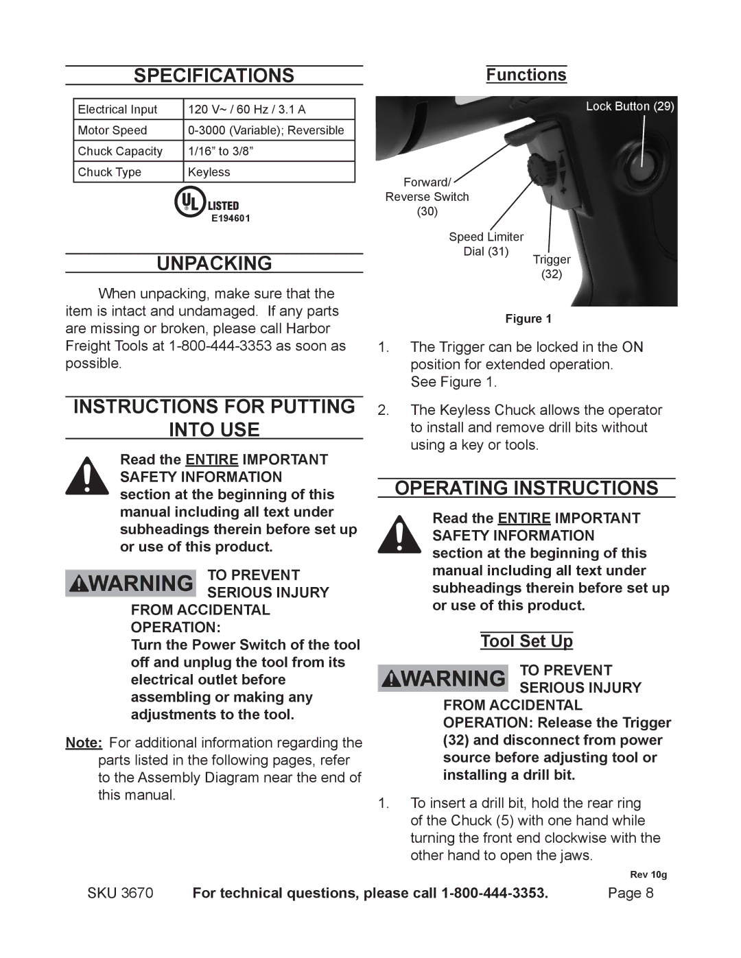 Harbor Freight Tools 3670 SpecificationsFunctions, Unpacking, Instructions for putting Into use, Operating Instructions 