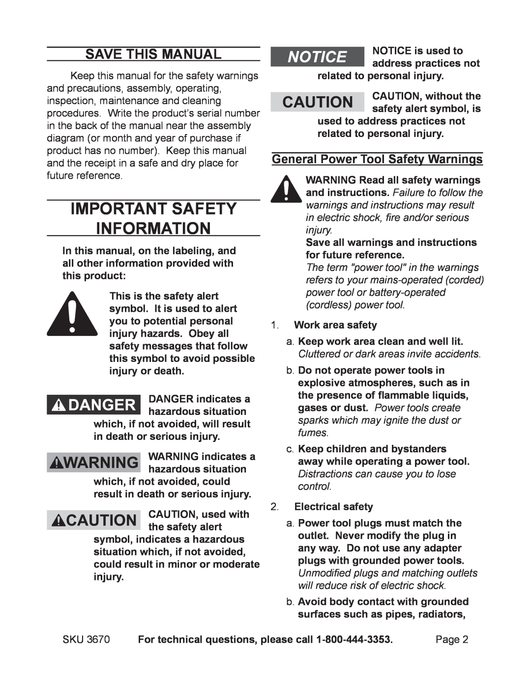 Harbor Freight Tools 3670 Important SAFETY Information, Save This Manual, General Power Tool Safety Warnings 