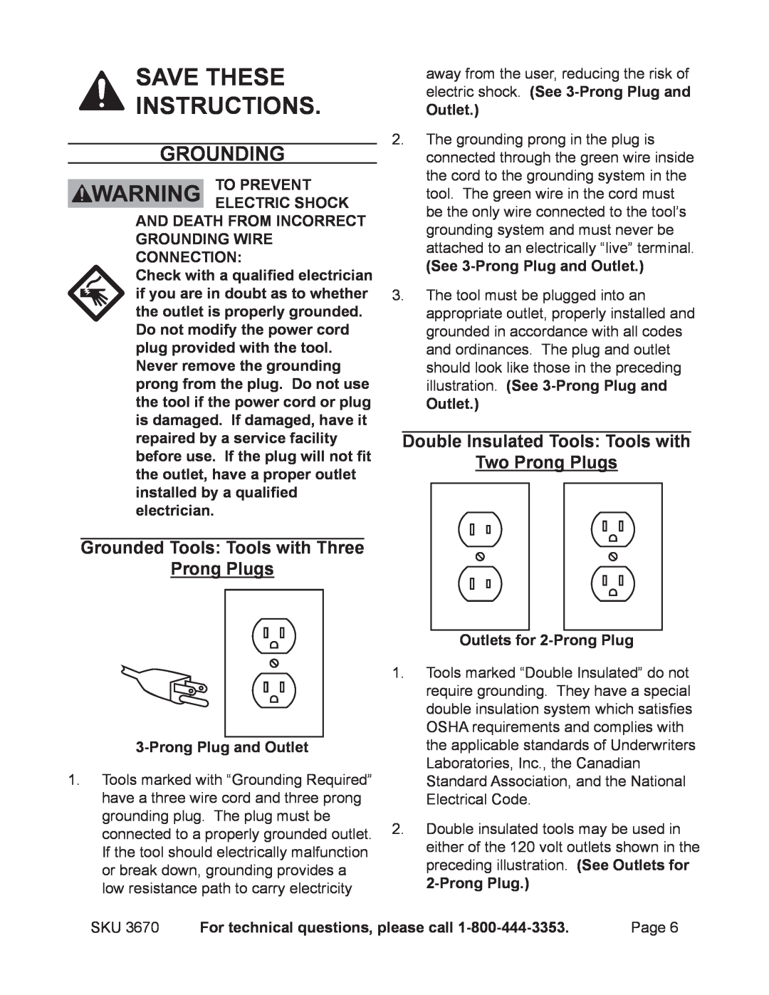 Harbor Freight Tools 3670 Save these instructions, Grounding, Double Insulated Tools Tools with Two Prong Plugs 