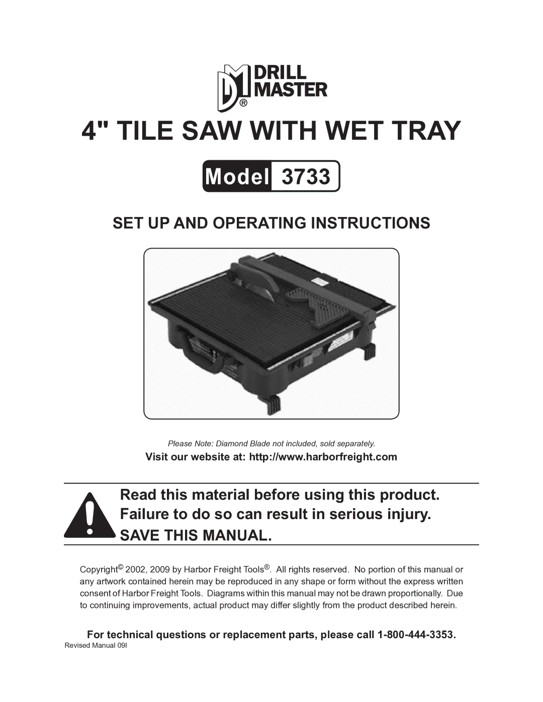 Harbor Freight Tools 3733 operating instructions Tile SAW with WET Tray 