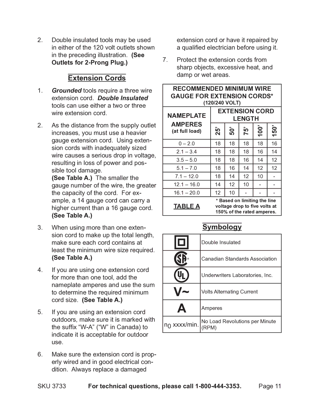 Harbor Freight Tools 3733 operating instructions Extension Cords, Symbology 