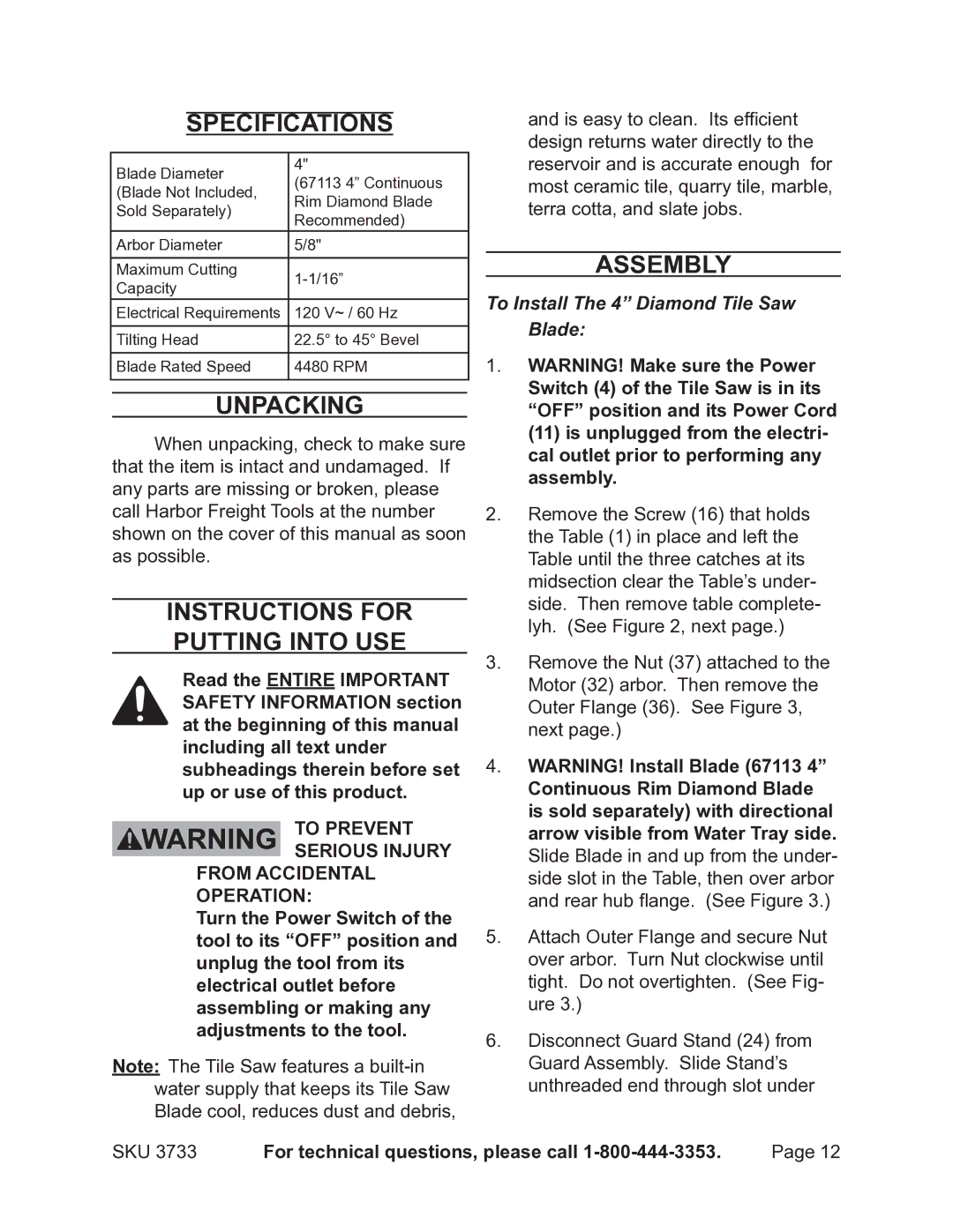 Harbor Freight Tools 3733 operating instructions Specifications, Unpacking, Instructions for putting into use, Assembly 