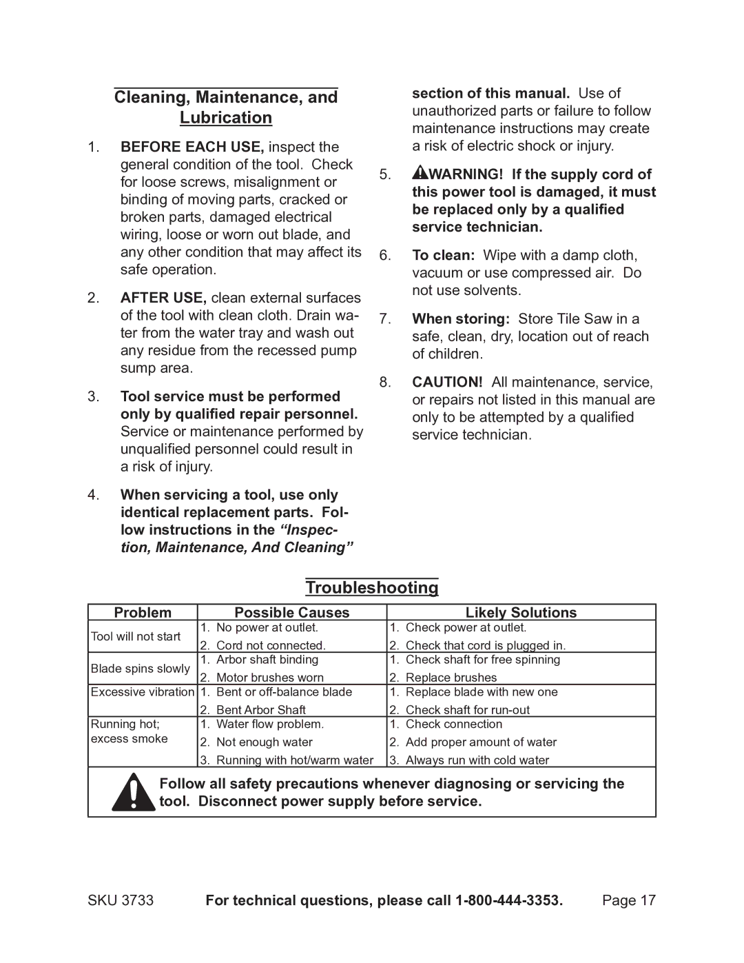 Harbor Freight Tools 3733 Cleaning, Maintenance, Lubrication, Troubleshooting, Problem Possible Causes Likely Solutions 