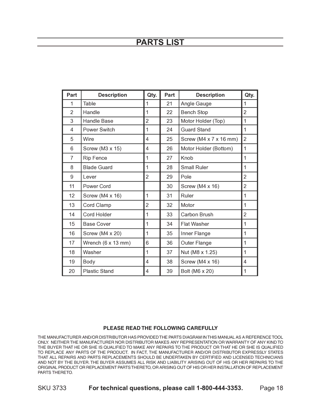 Harbor Freight Tools 3733 operating instructions Parts List 