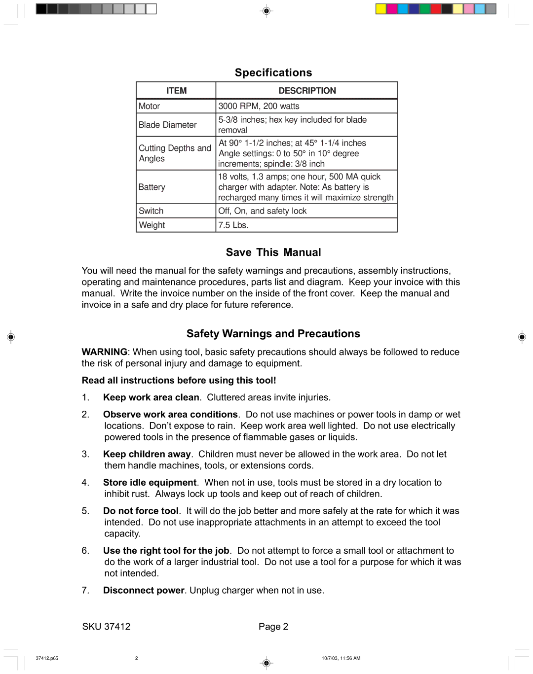 Harbor Freight Tools 37412 operating instructions Save This Manual, Safety Warnings and Precautions 