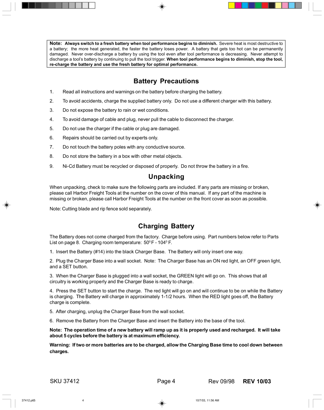 Harbor Freight Tools 37412 operating instructions Battery Precautions, Unpacking, Charging Battery 